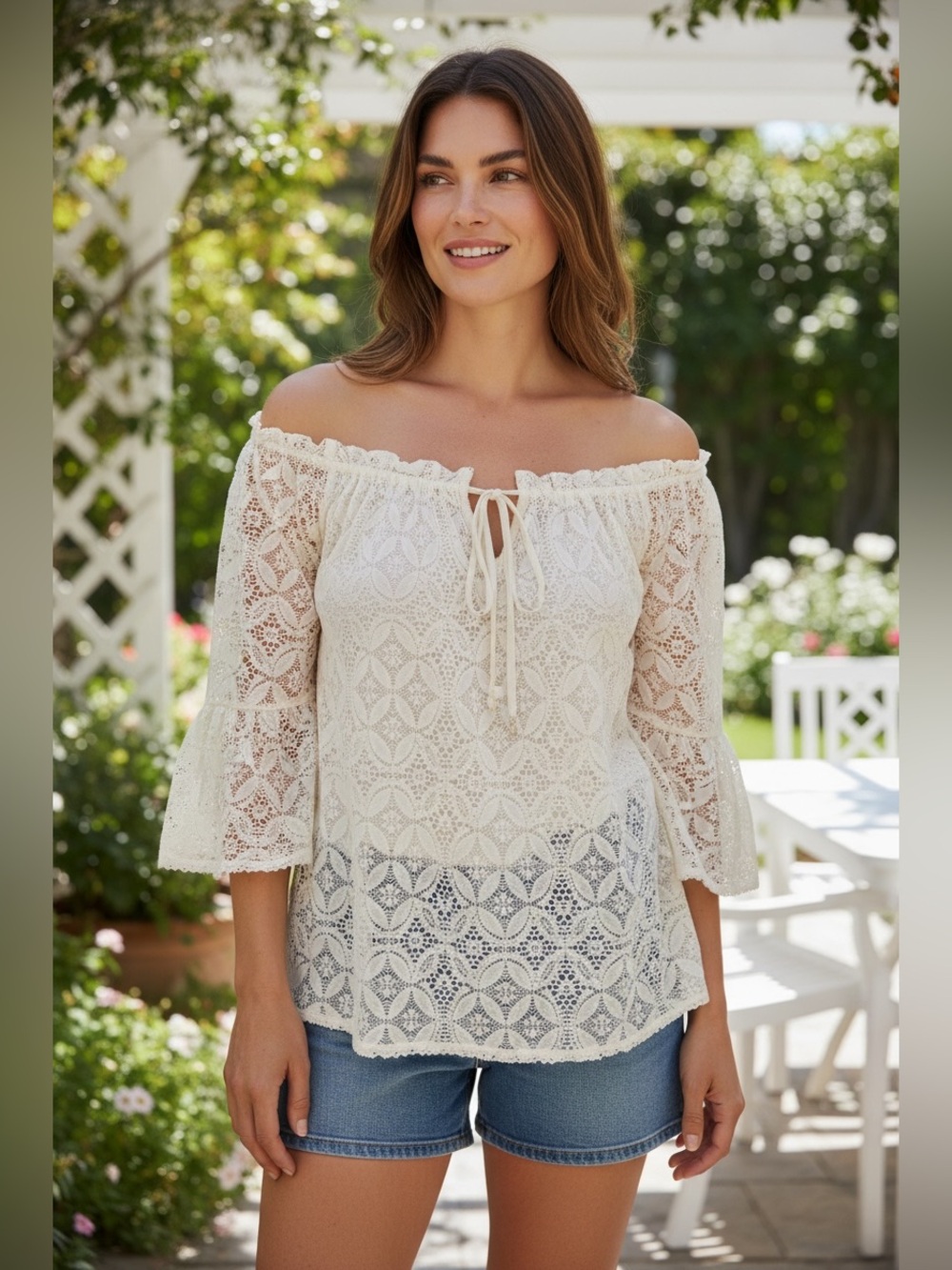 2/$20 Milly of New York Cream Lace Peasant Top with Tie Neck